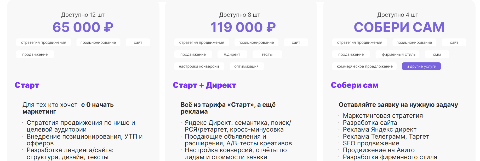 Примеры сборки пакетов дял маркетологов